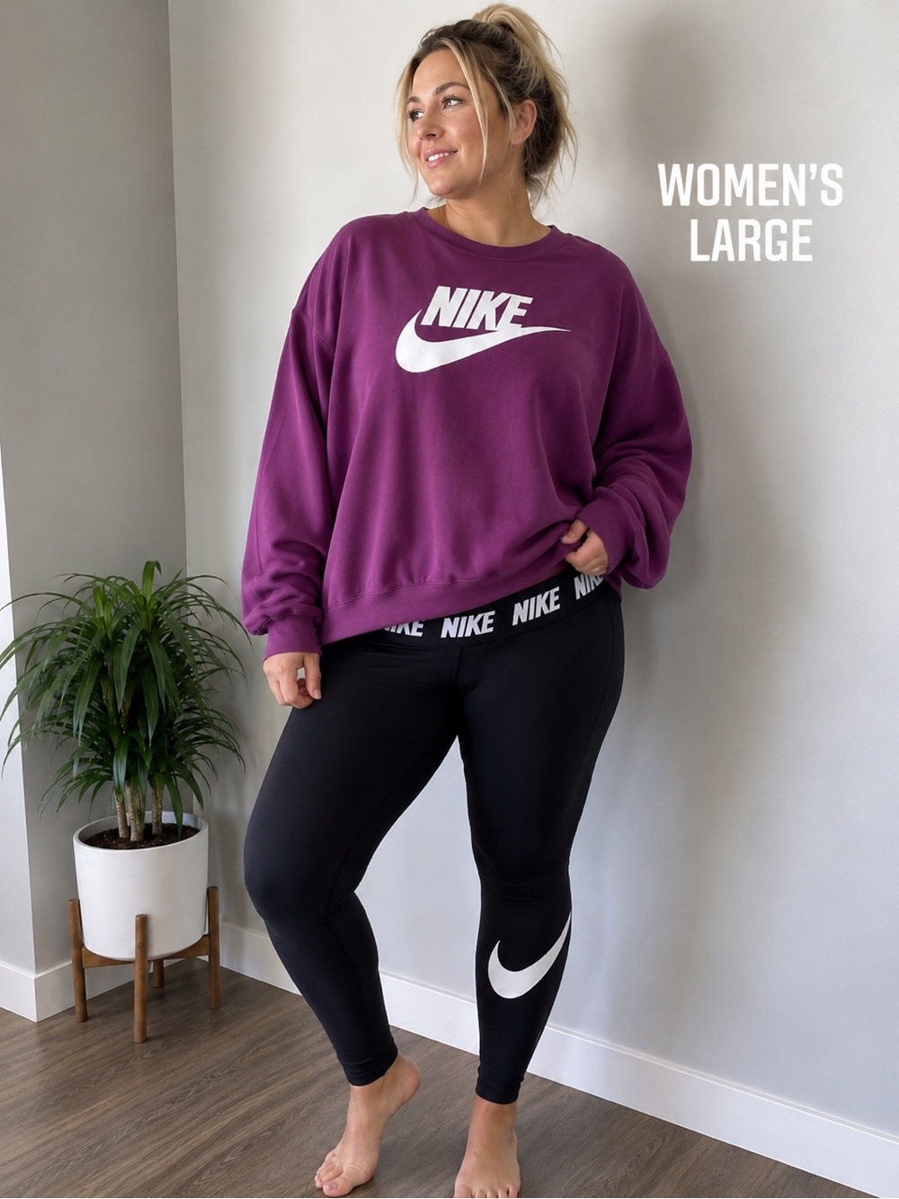 Nike Women's large Plum Logo Crew Sweatshirt with black leggings